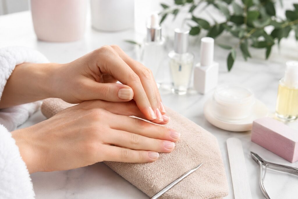 mains de femme entourées de produits et d’accessoires pour le soin des ongles