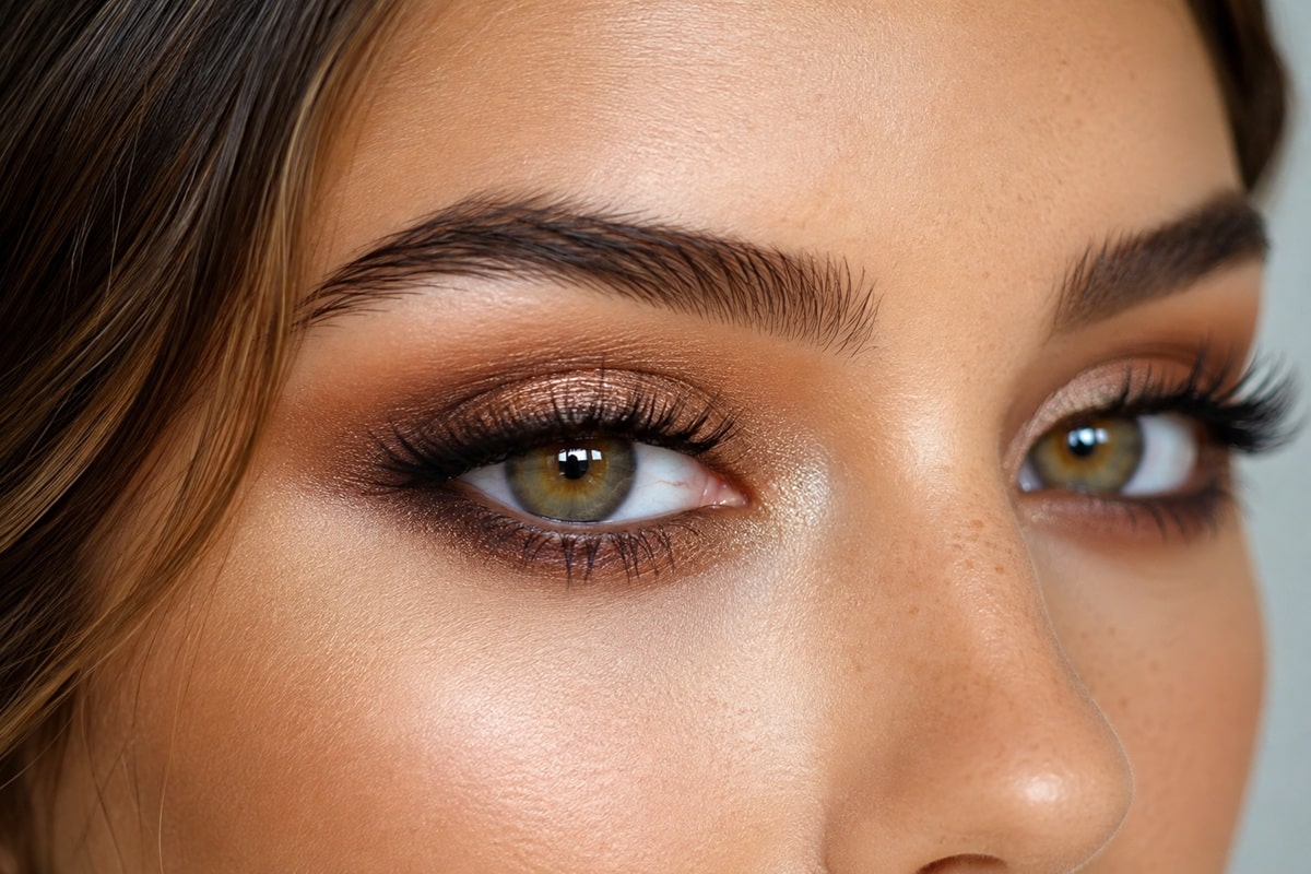 Gros plan sur des yeux marron-vert sublimés par un maquillage aux tons chauds et cuivrés