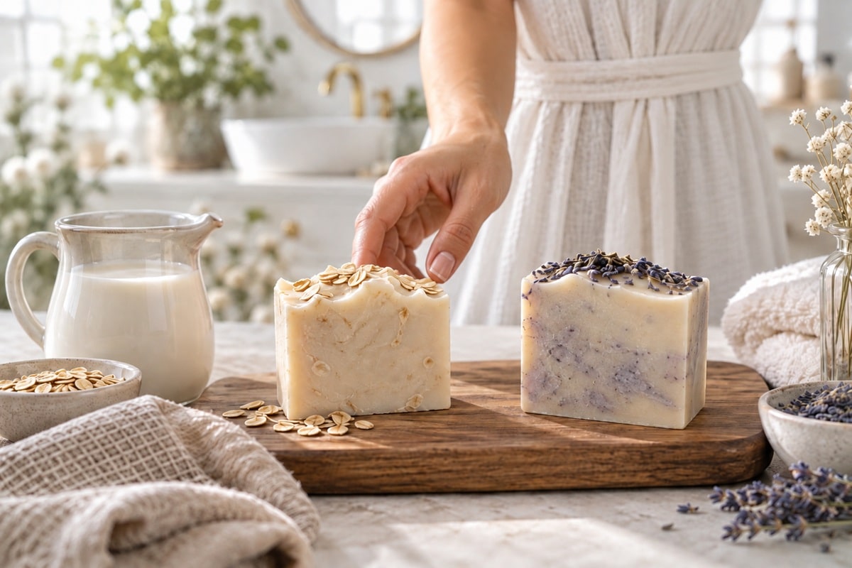 Savon au lait de chèvre posé près d'un savon au lait d'ânesse