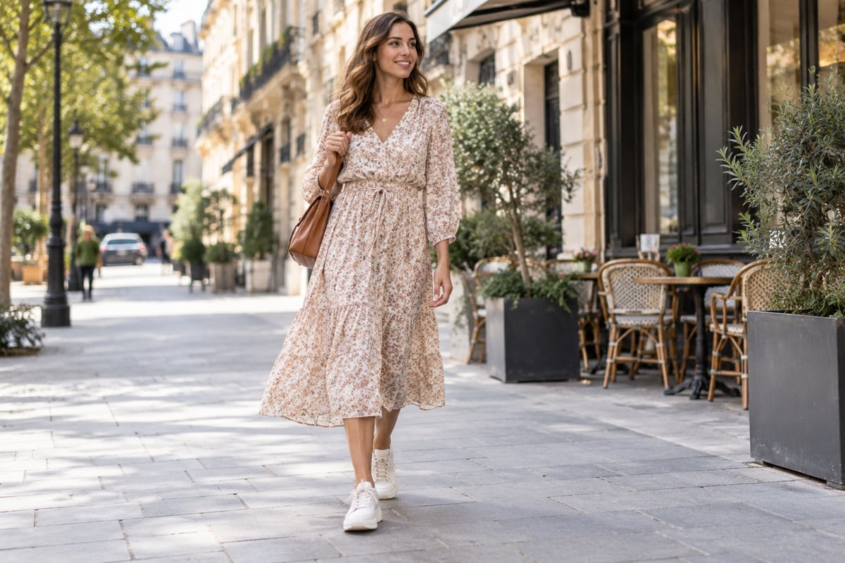 Une femme associe une robe longue et fluide à des sneakers blanches pour un look chic et décontracté