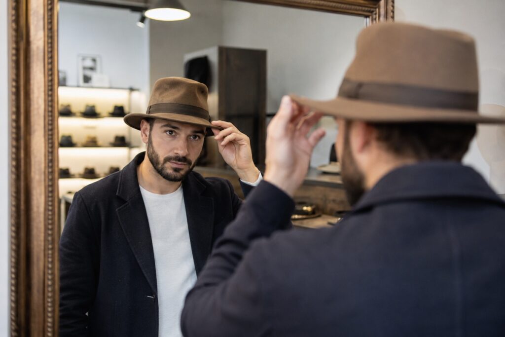 homme essayant un chapeau