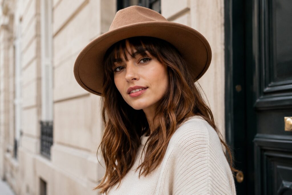 belle femme avec cheveux long et frange porte un chapeau