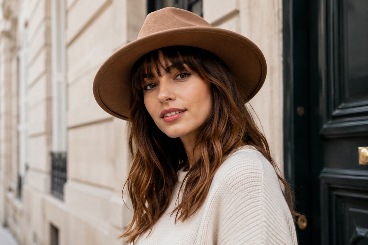 belle femme avec cheveux long et frange porte un chapeau