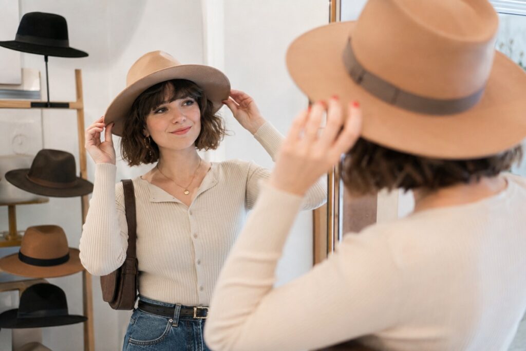 Essayage d’un chapeau en boutique