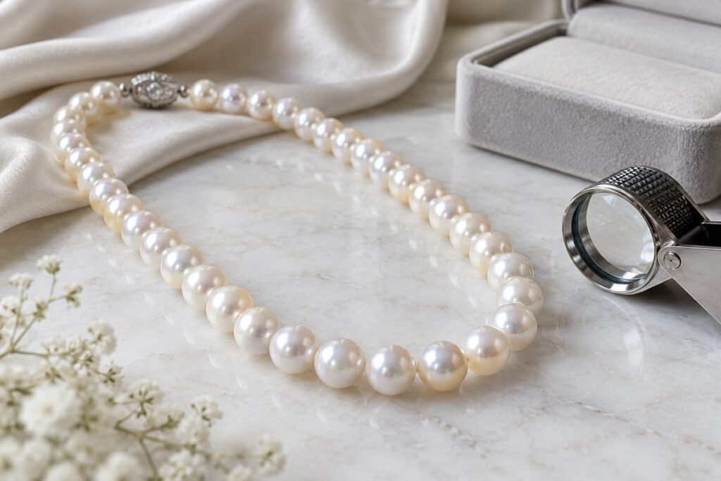 collier de perles posé près de son écrin