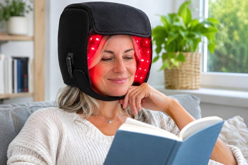 femme lisant un livre lors d'une séance avec son casque LED souple pour les cheveux