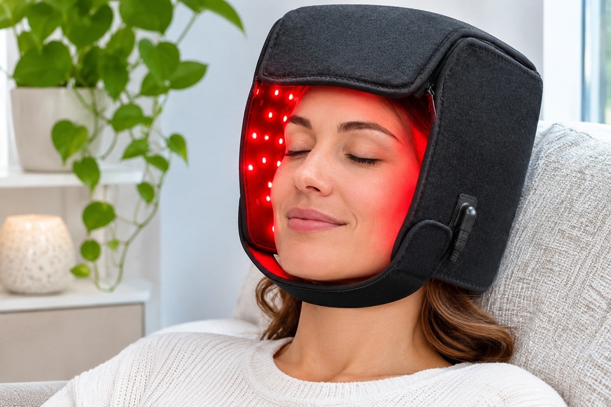 femme portant un casque LED souple pour les cheveux