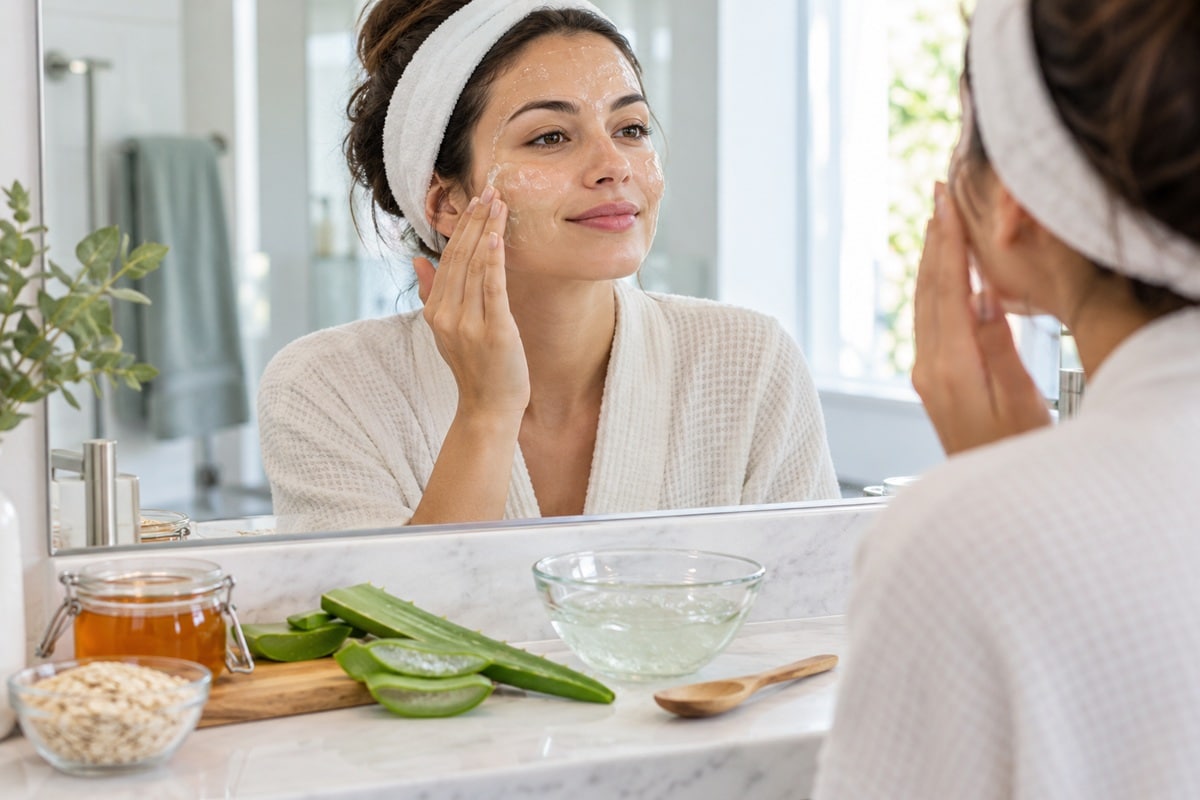 femme utilisant son masque maison à l'aloe vera